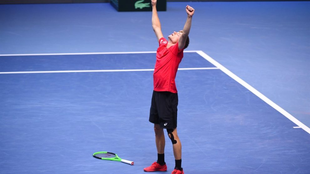 Goffin celebra la victoria ante Tsonga