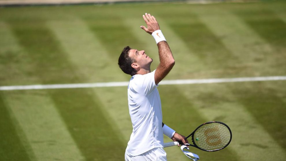 Del Potro celebra la victoria de su debut en Wimbledon 2018