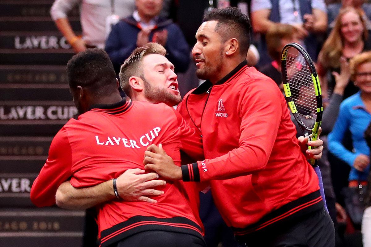 Jugadores del Resto del Mundo celebran un triunfo de Sock en la Laver Cup