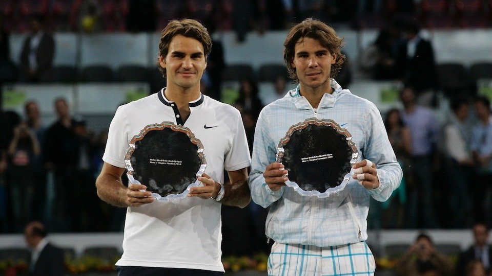 Federer y Nadal tras la final del Mutua Madrid Open 2010